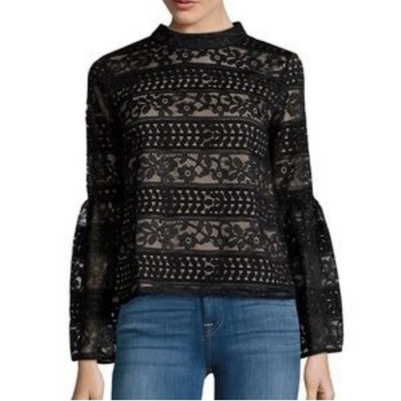 English Factory Tops - English Factory Top Black Floral Lace Victorian Bell Sleeves Blouse Dainty Sz S*